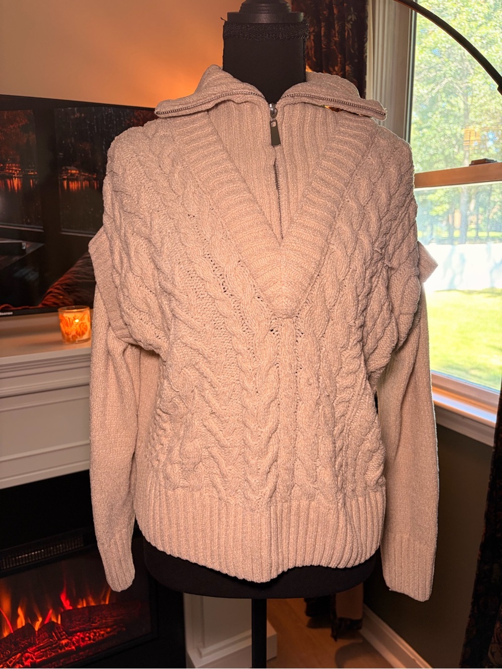 Rachel Zoe Cable-Knit Half Zip Turtleneck Sweater in Light Beige